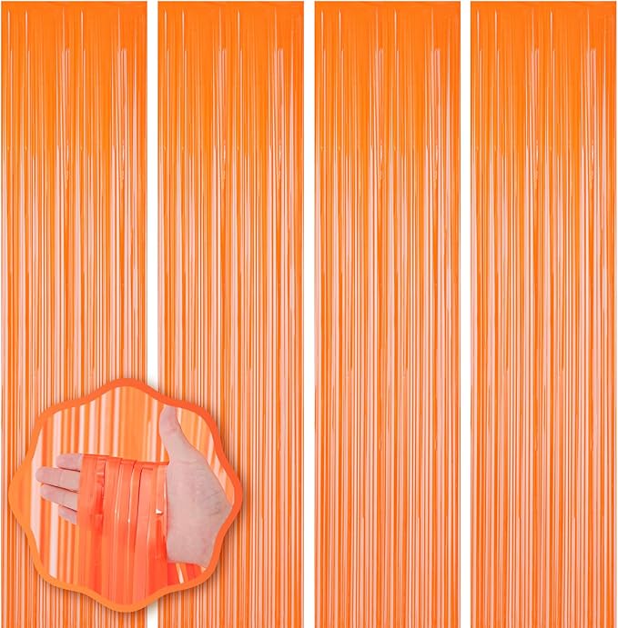 Voircoloria 4 Pack Orange Foil Fringe Backdrop Curtains, Tinsel