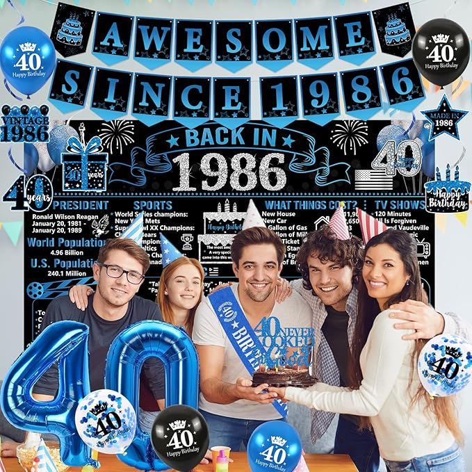 40th Birthday Decorations for Men 20PCS Black Blue Back in 1986