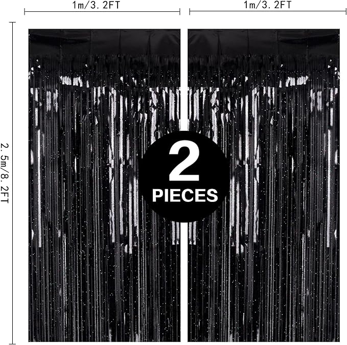 2 Pack 3.2ft x 8.2ft Black Tinsel Foil Fringe Curtain, Sparkle