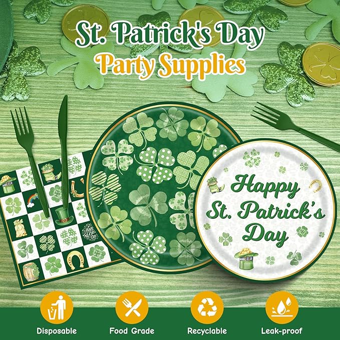 102 Pcs St Patrick's Day Paper Plates and Napkins Green Shamrock