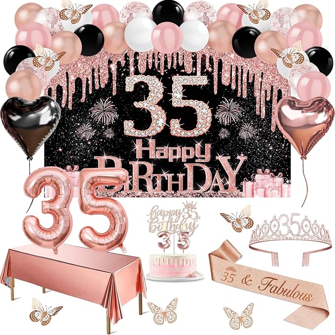35th Birthday Decorations for Women 49pcs Black Rose Gold Black