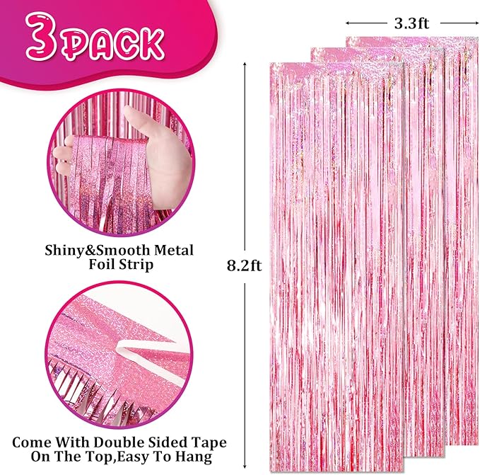 Voircoloria 3 Pack 3.3x8.2 Feet Laser Pink Foil Fringe Backdrop