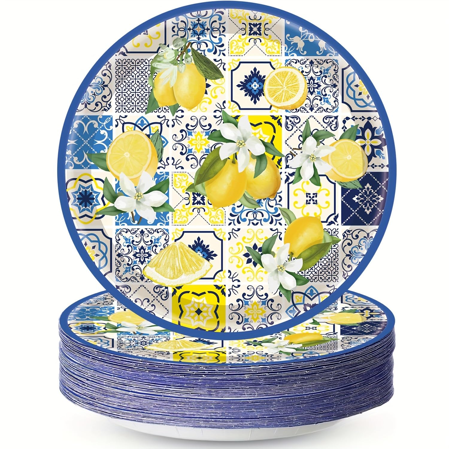 HSPAIDYP 50PCS Lemon Party Supplies7 Capri Lemon Paper Plates Blue