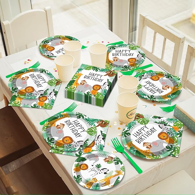 96PCS Jungle Birthday Party Plates and Napkins Safari Animals