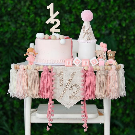1/2 Pink Baby Girl Birthday Highchair Banner Wood Bead Tassel