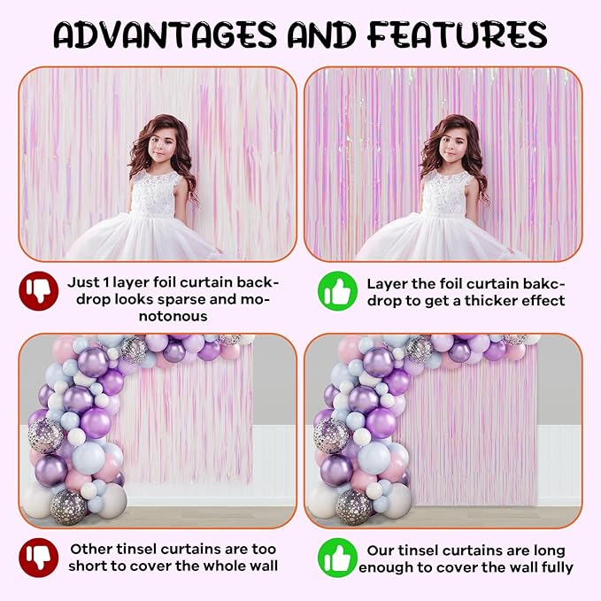 Voircoloria 2 Pack Iridescent Transparent Foil Fringe Backdrop