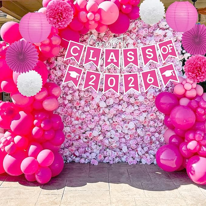 Hotpink Graduation Party Decoration Class 2026 Banner Hanging Pom