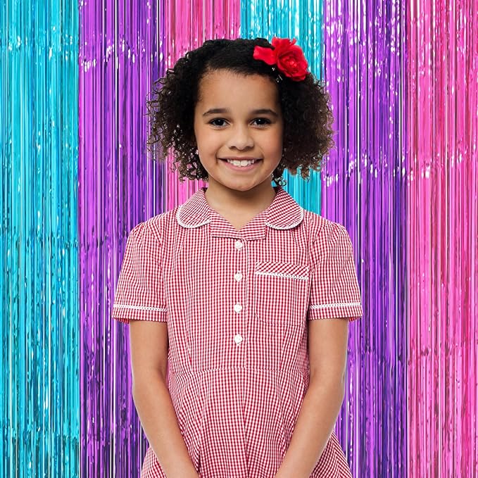 Voircoloria 3 Pack 3.3 x 8.2 ft Blue Purple Pink Foil Fringe Backdrop