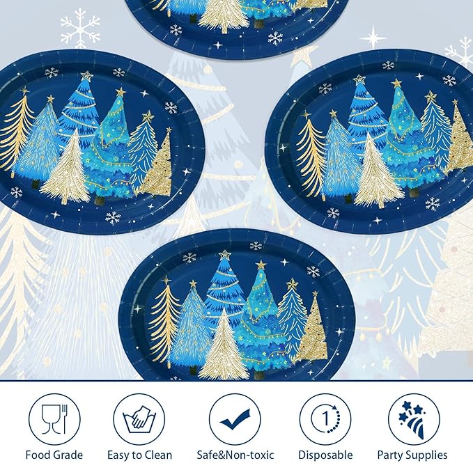 50Pcs Blue Christmas Tree Oval Plates 10” x 12” Christmas Tree Heavy