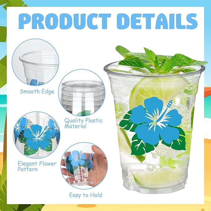 48 Pcs Hawaii Luau Cups 12 oz Plastic Tropical Floral Cups Hawaiian