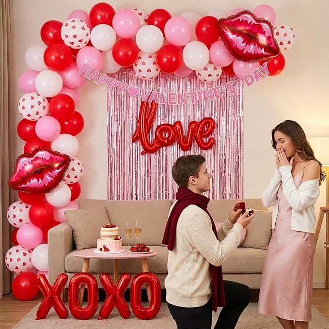 Valentines Day balloon garland arch kit with Banner red Hot pink