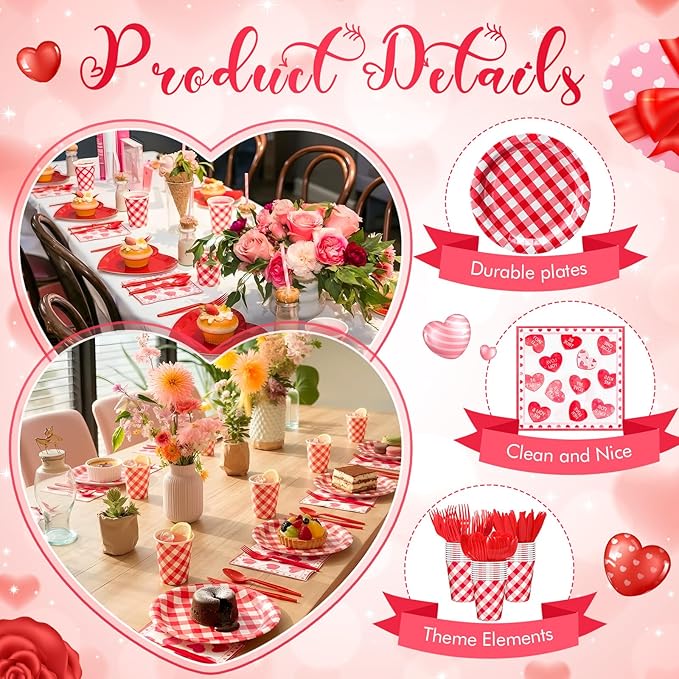 175 Pcs Valentines Party Supplies Set for 25 Guests Red Heart Paper