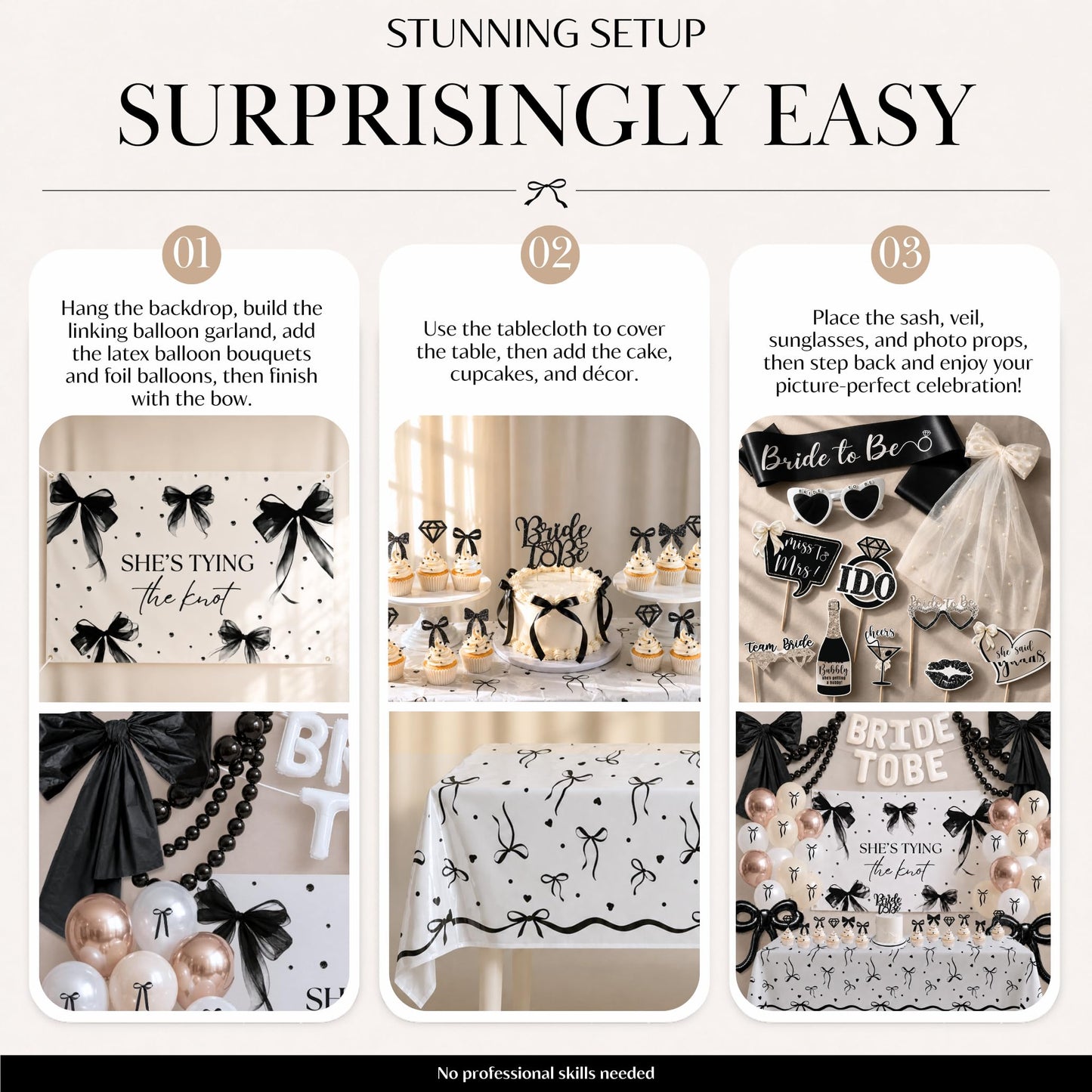 325 Pc Black Bow Bridal Shower Decorations Set - She’s Tying the Knot