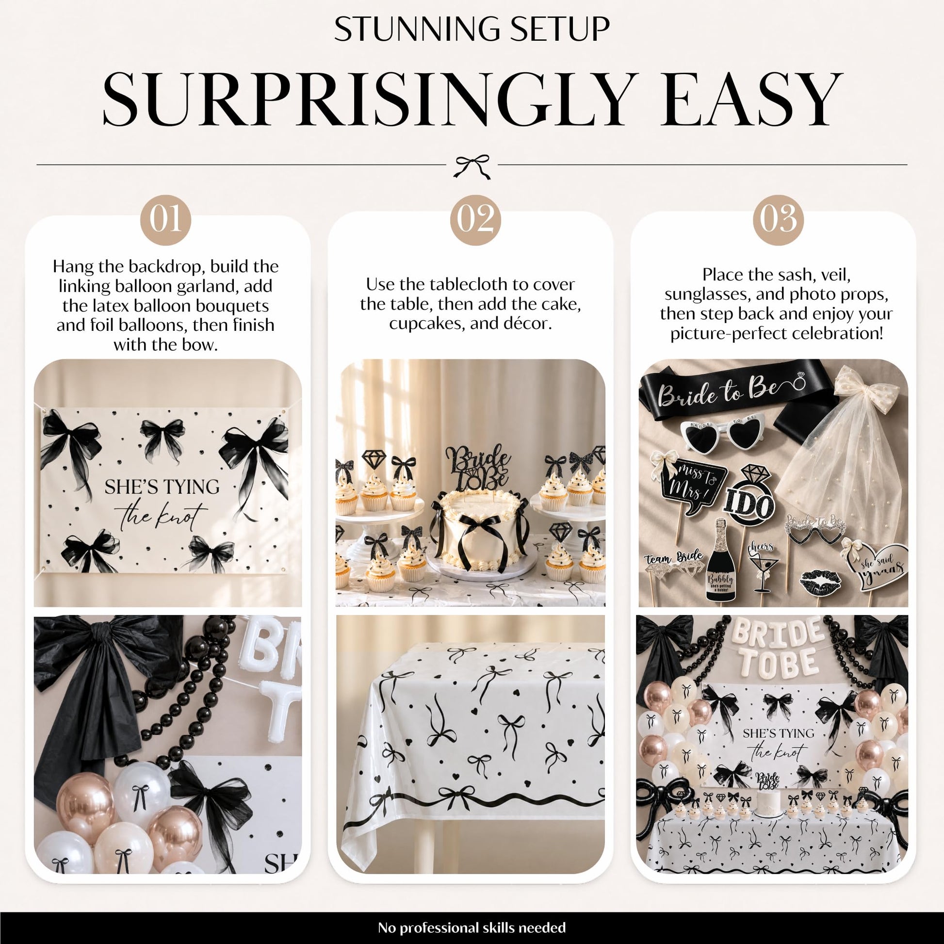 325 Pc Black Bow Bridal Shower Decorations Set - She’s Tying the Knot