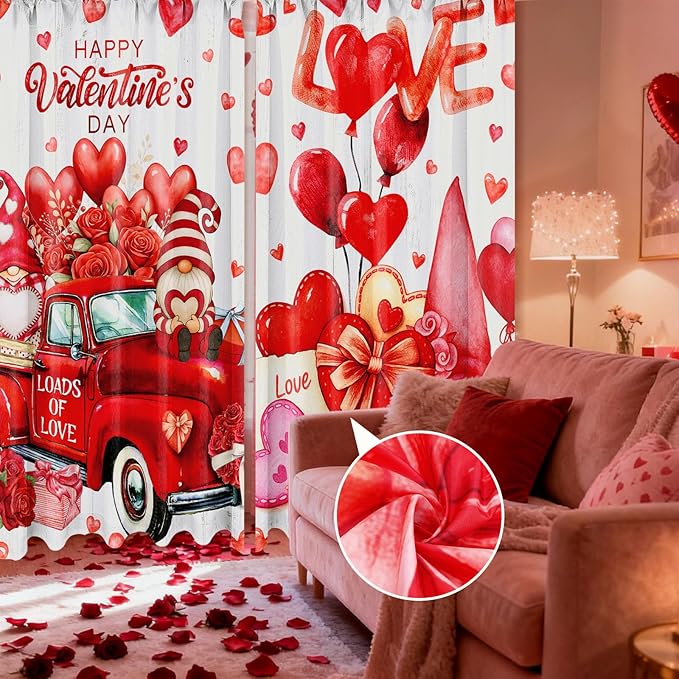 2 Pcs Valentines Day Curtains for Living Room Red Heart Truck Gnome