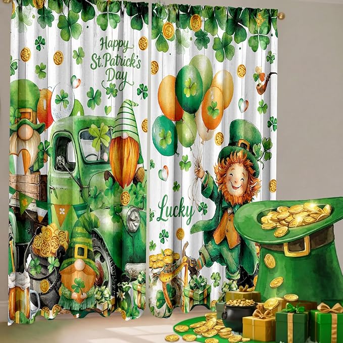 2 Pcs St Patrick's Day Curtains for Living Room Green Shamrock Truck