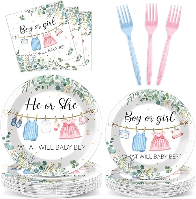 96Pcs Greenery Gender Reveal Party Decorations for Boy or Girl Baby
