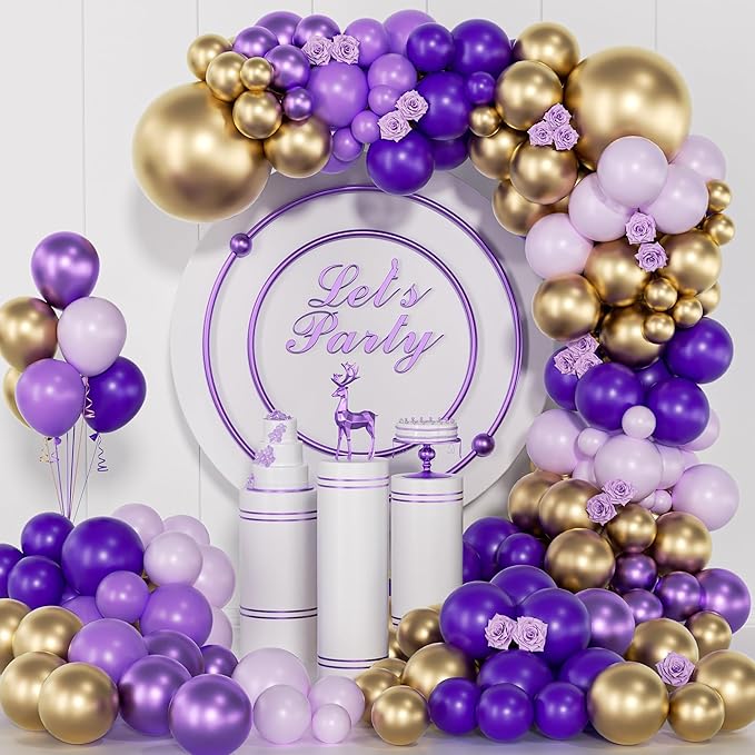 Purple and Gold Balloons Arch Kit, 140Pcs Dark Purple Metallic Gold
