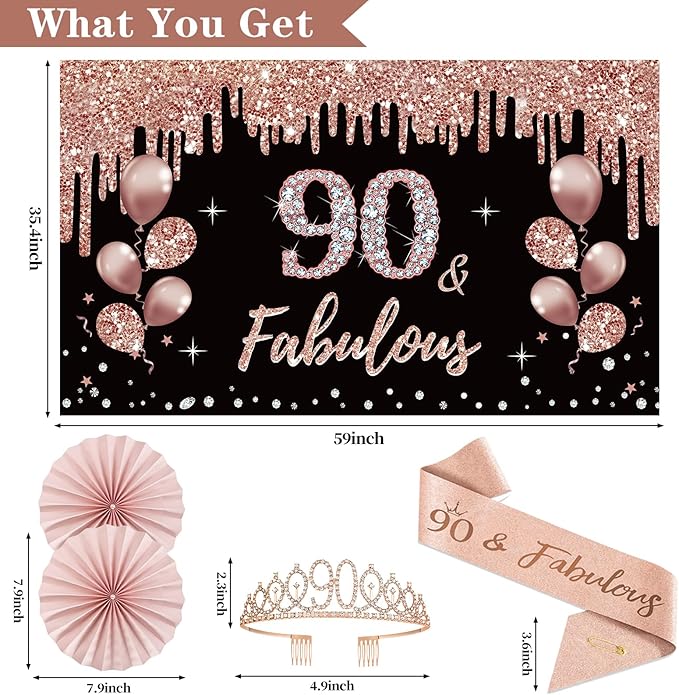 90th Birthday Decorations for Women 33pcs 90th Crown and Sash Black