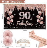 90th Birthday Decorations for Women 33pcs 90th Crown and Sash Black