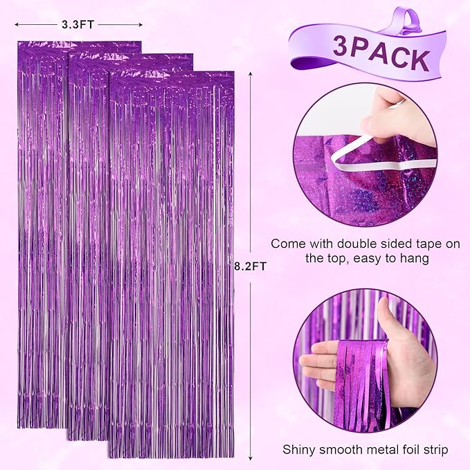Voircoloria 3 Pack 3.3 x 8.2 ft Laser Purple Foil Fringe Backdrop