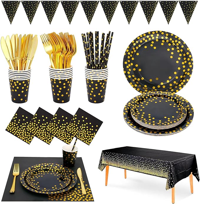 Sylken 186 Pieces Black and Gold Party Tableware Set - 25 Guests