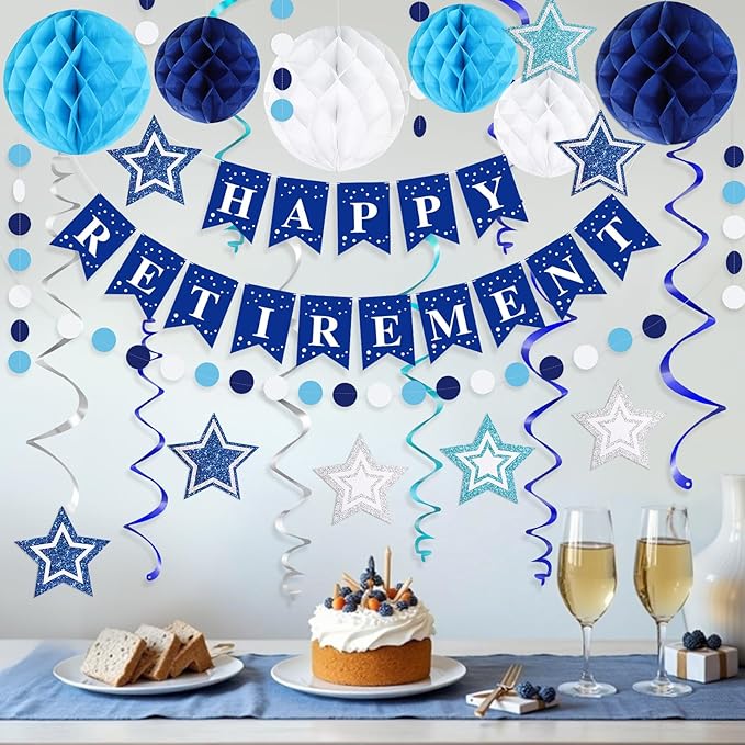 Happy Retirement Party Decorations for Men Women Blue Silver Happy