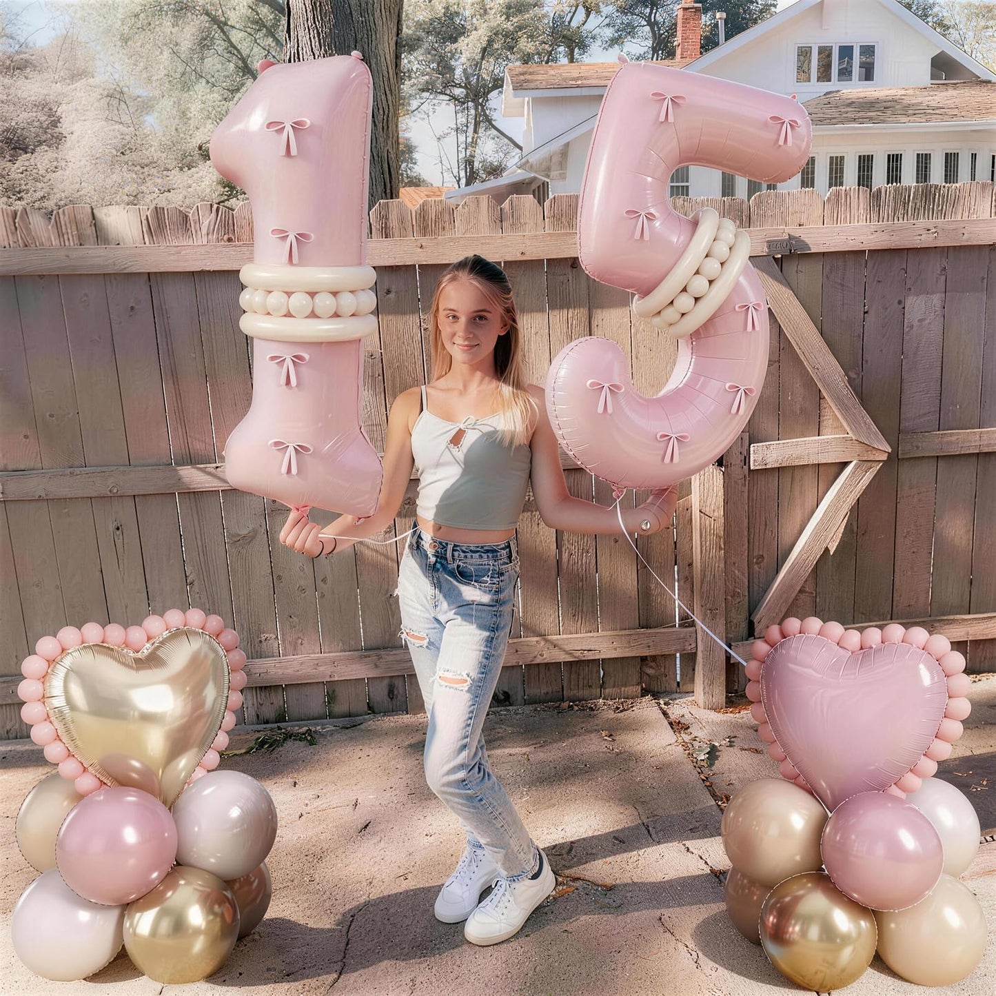 Pink Number 15 Balloon 40 Inch, Dusty Blush Pink Gold White Sand Latex