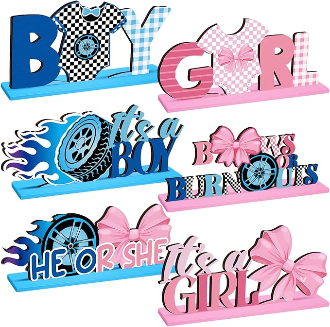 6 Pcs Burnouts or Bows Gender Reveal Party Wooden Centerpieces Table