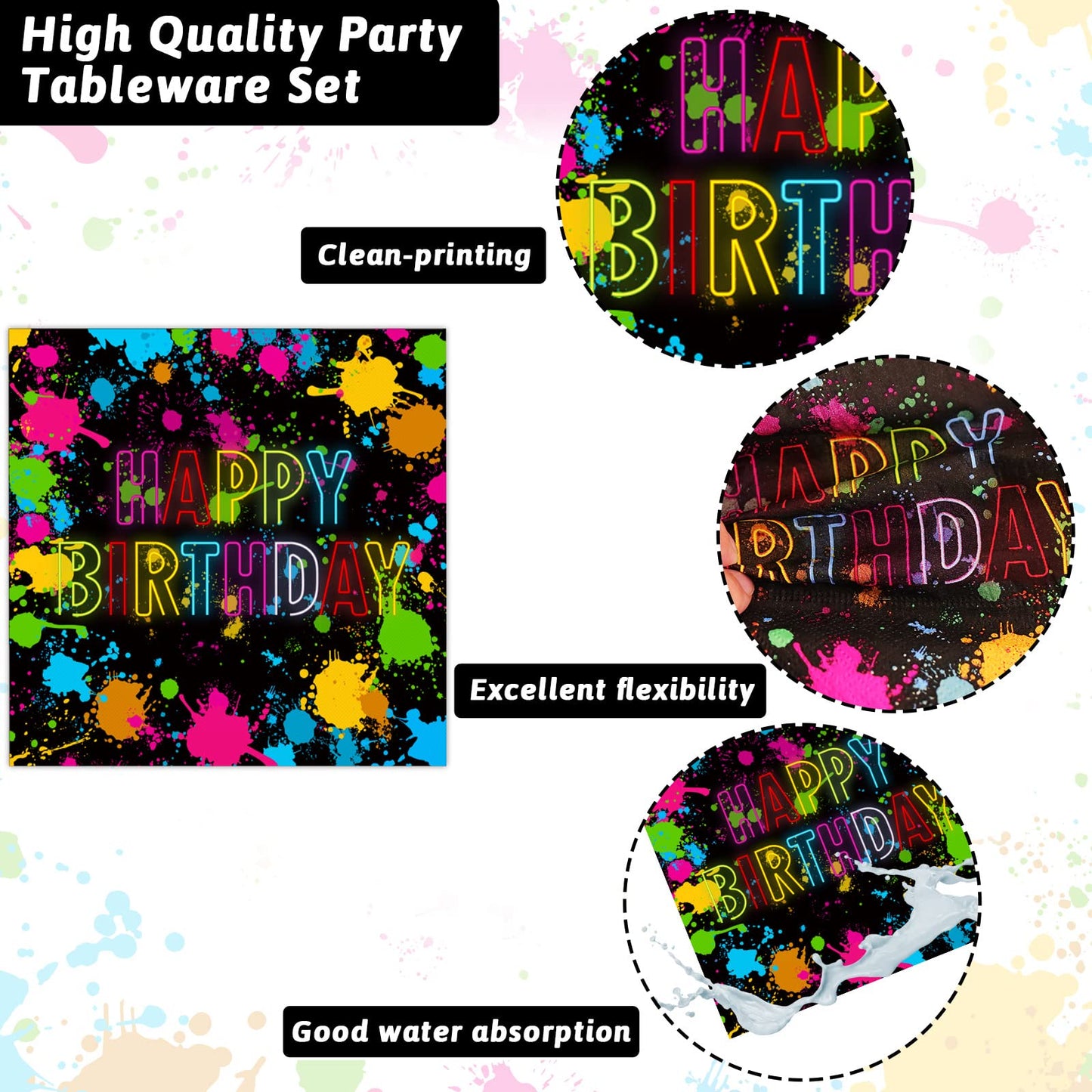 chiazllta 96 Pcs Neon Party Paper Plate and Napkins Neon Birthday