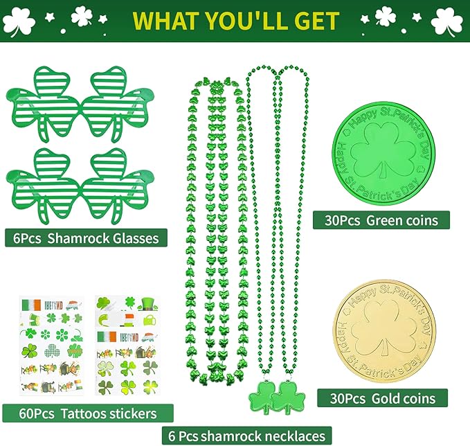 132Pcs St Patricks Day Accessories Party Favors Shamrock Glasses