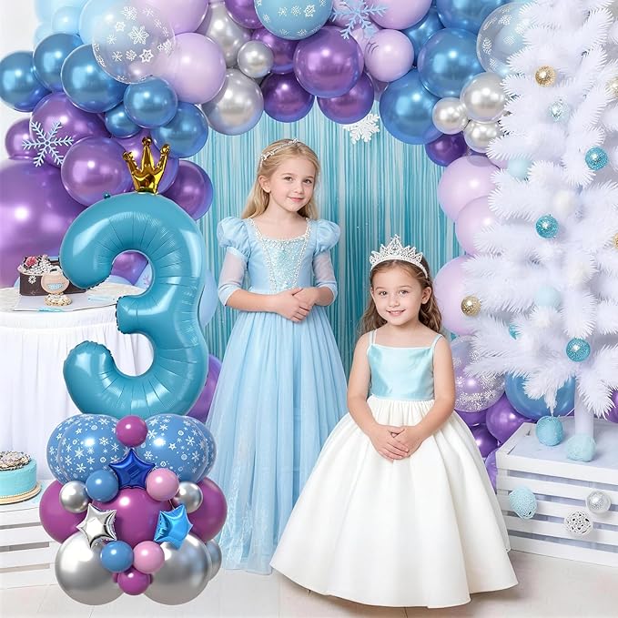 40 Inch Blue Number 3 Balloon Tower Set Winter Ice Princess Theme