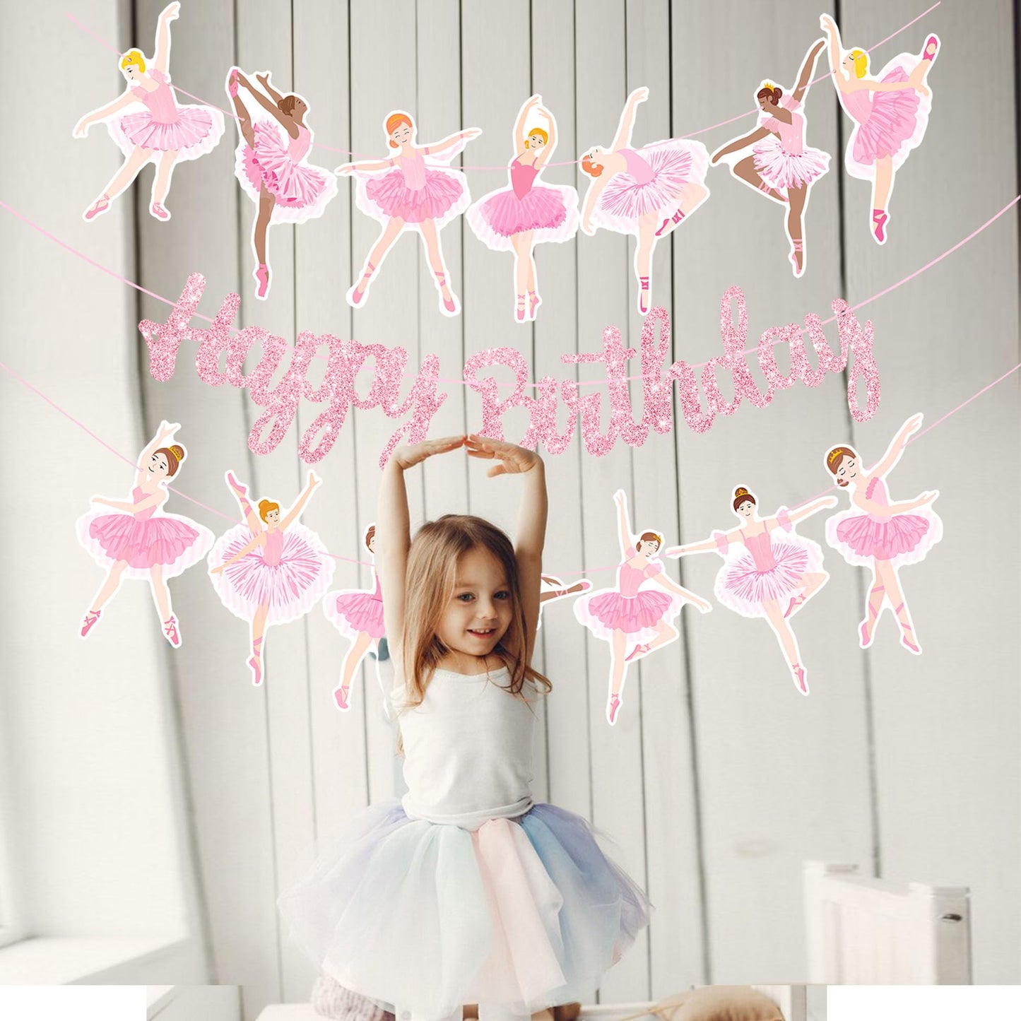 3Pcs Ballet Girls Happy Birthday Banners Glitter Pink Ballerina