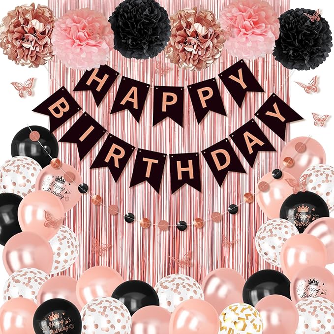 Rose Gold and Black Birthday Decorations for Women Girls, Pearl Rose