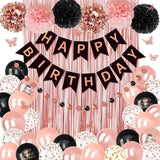 Rose Gold and Black Birthday Decorations for Women Girls, Pearl Rose