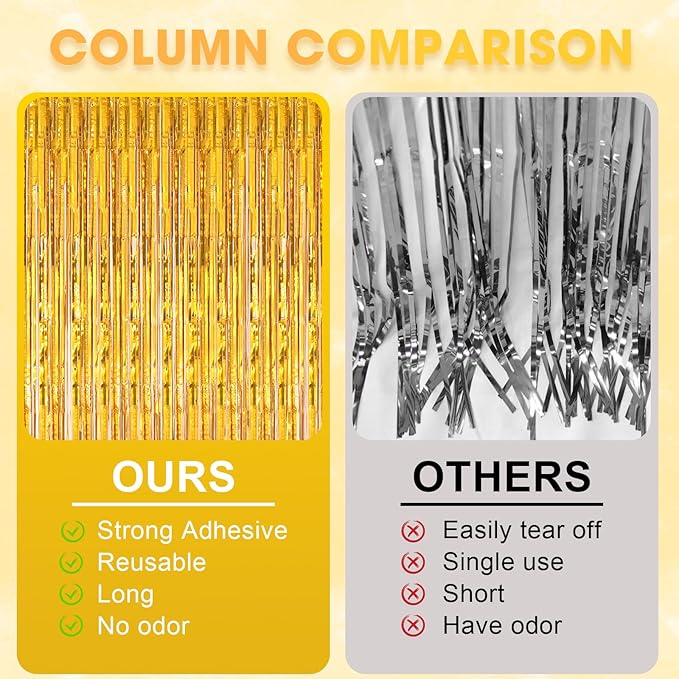 Voircoloria 3 Pack 3.3 x 8.2 ft Laser Gold Foil Fringe Backdrop