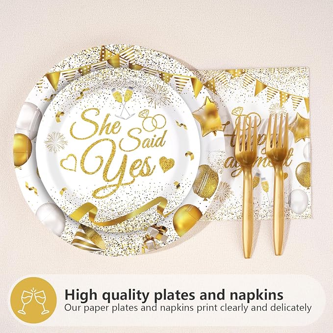 96 Pcs Happy Engagement Party Supplies White and Gold Engagement