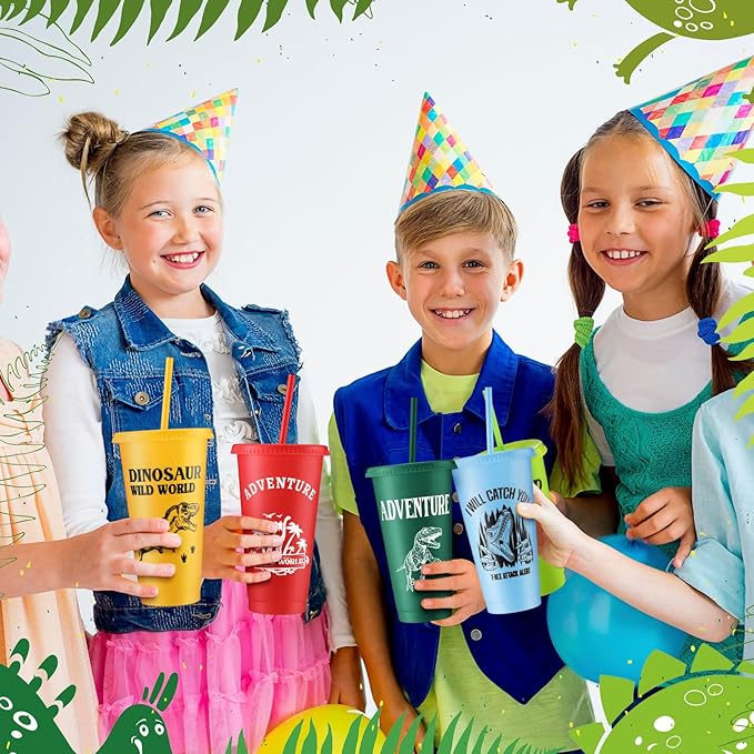 Mifoci 12 Pcs Dinosaur Party Favor 24 oz Plastic Cup with Lids and