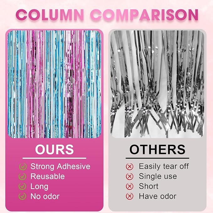 Voircoloria 3 Pack 3.3x8.2 Feet Blue and Pink Foil Fringe Backdrop