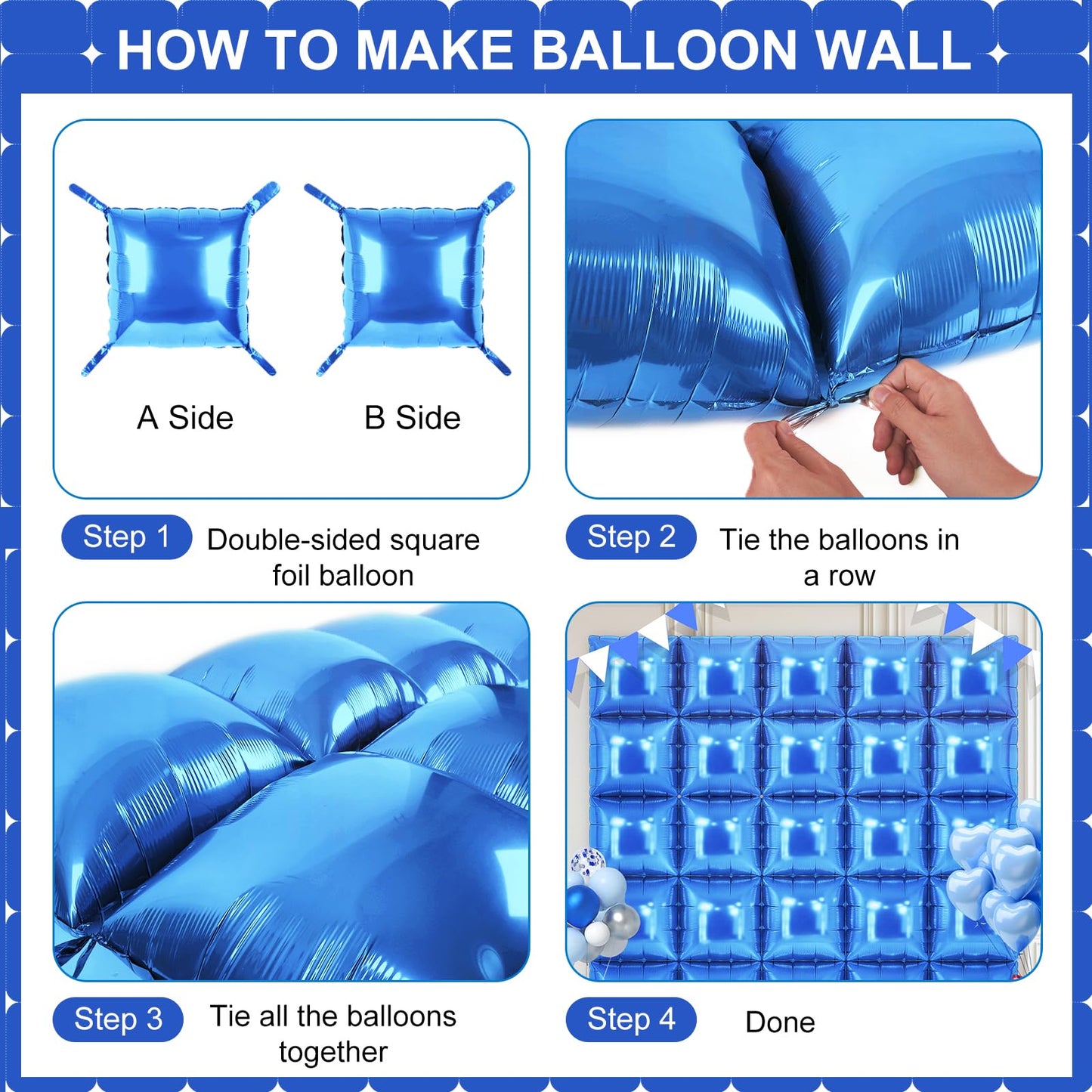 Blue Square Foil Balloons 25 Pcs Metallic Blue Balloons Wall Backdrop
