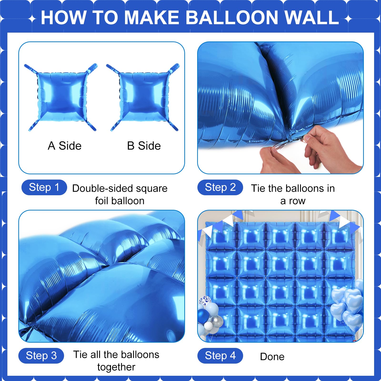 Blue Square Foil Balloons 25 Pcs Metallic Blue Balloons Wall Backdrop