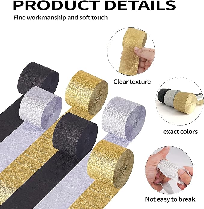 Crepe Paper Streamers 6 Rolls 492ft, Pack of 2 Gold, 2 Silver, 2