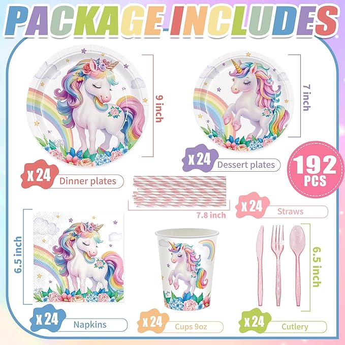 192pcs Unicorn Plates Napkins Unicorn Birthday Party Supplies