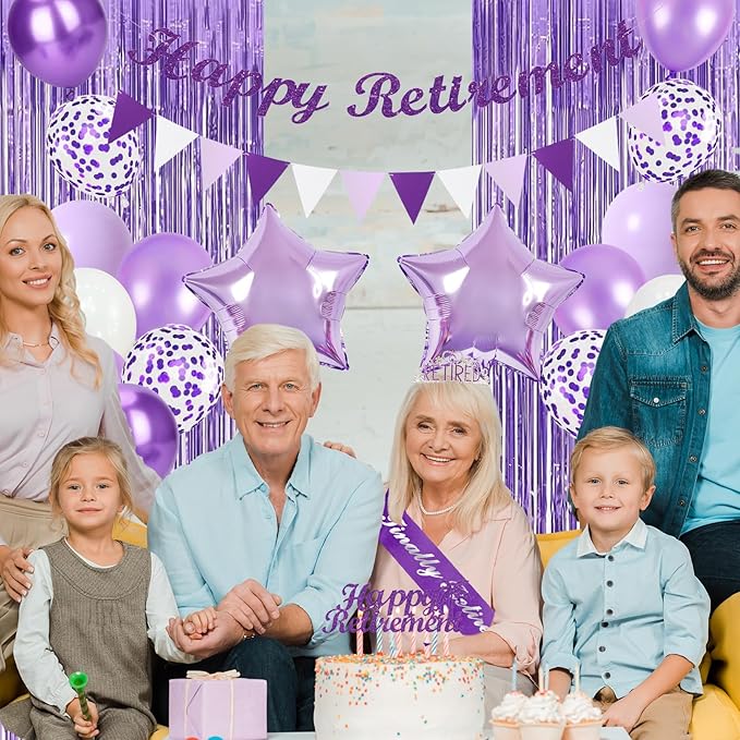 Purple Retirement Decorations for Women Happy Retirement Banner