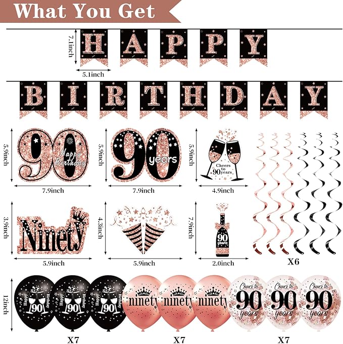 90th Birthday Decorations for Women 33pcs 90th Crown and Sash Black