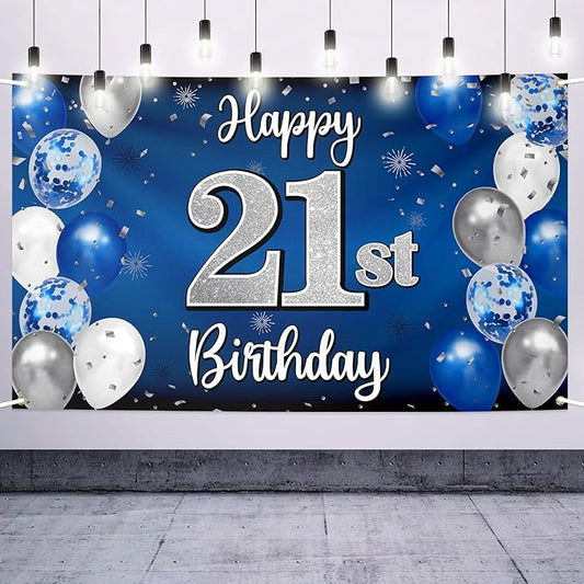 Happy 21st Birthday Decorations 21 Blue & Silver Balloon Large