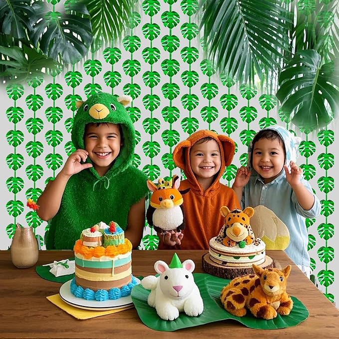 2 Packs Jungle Leaf Foil Fringe Curtain, Green Glitter Tropical Palm