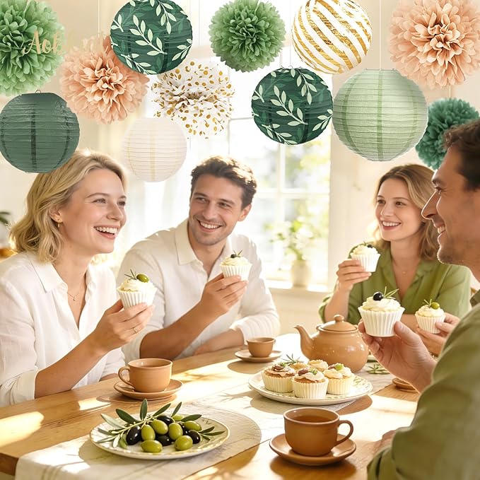 AOBKIAT Wedding Party Decorations Set,12PCS Olive Green Sage Paper