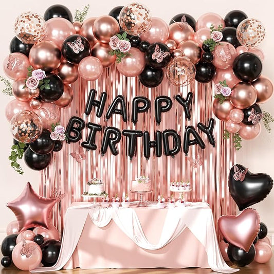 Rose Gold and Black Birthday Decorations for Women Girls Pearl