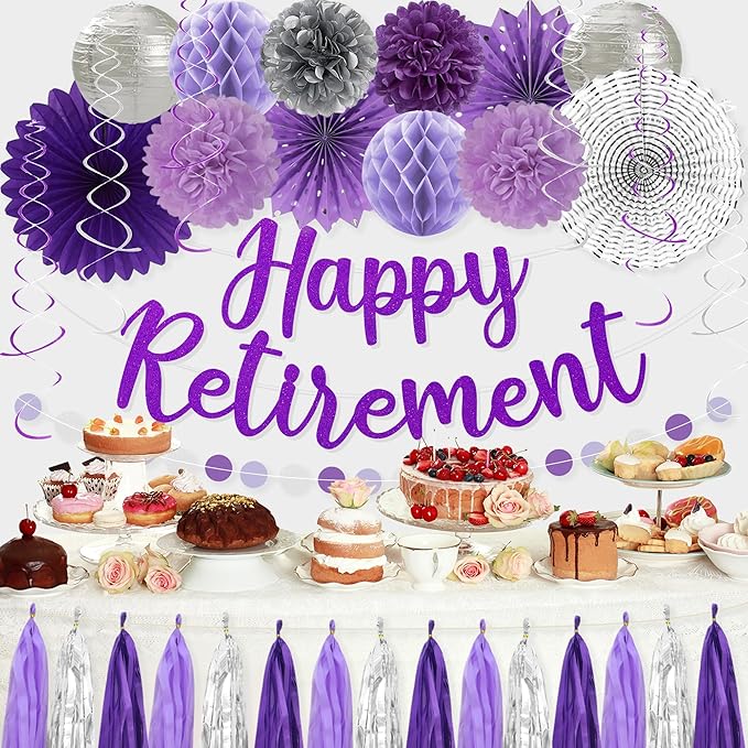 Retirement Party Decorations Women Purlpe Glitter Happy Retirement